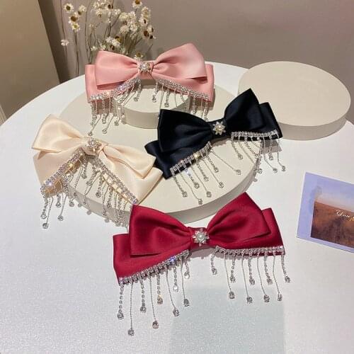 Big Bowknot Full Rhinestone Tassel Spring Clips Hair Pins for Women Water Drop Crystal Hair Accessories Vintage Wedding Jewelry