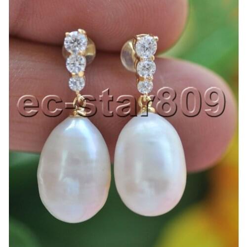 P7112 16mm White Rice Freshwater Pearl Dangle Earring CZ
