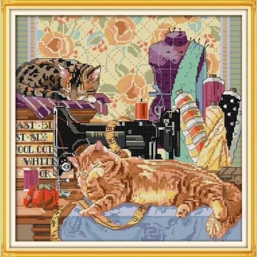 The cat and sewing machine DIY hand embroidery chinese cross stitch kits patterns printed canvas needlework set DMC14ct animal