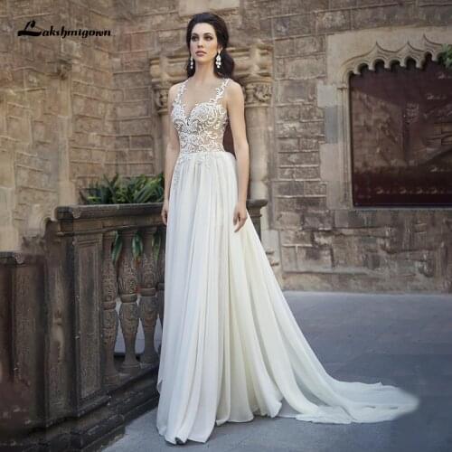 Lakshmigown Princess Boho Wedding Dress A-Line Open Back Lace Appliques Bride Dresses Chiffon Boho Wedding Gown vestido de novia