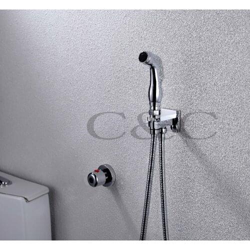 Bathroom/Toilet Chrome Shattaf Bidet Sprayer Gun With Wall Mounted Thermostatic Faucet Valve And 150 cm Hose A101D