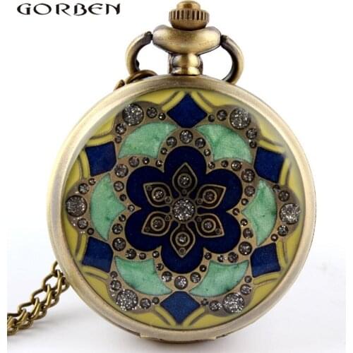 Green Jade Crystal Quartz Big Pocket Watch Necklace Pendant Chain Mens Gift P52