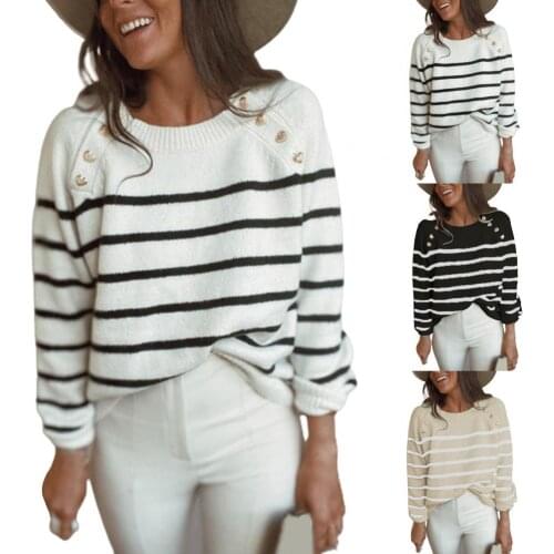 Women Sweater Horizontal Stripes Buttons Autumn Winter Knitted Long Sleeve Top Pullover Streetwear