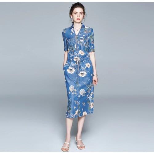 JSXDHK M-3XL Plus Size Summer Denim Tencel Dress Runway Women Zippers Flower Print Cowboy Midi Dress Fashion Soft Jean Dress