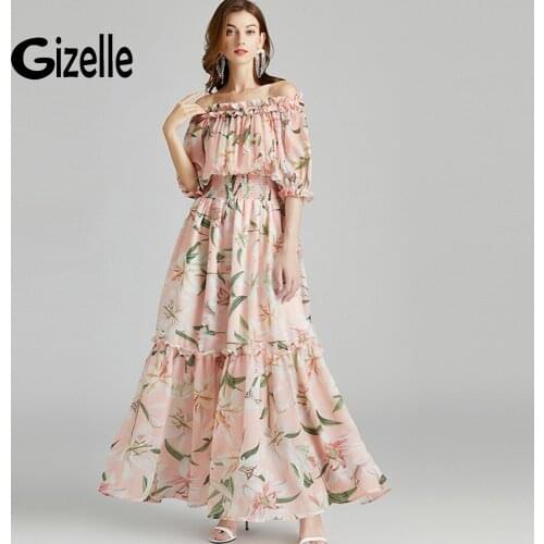 Gizelle High Street Fashion Summer Slash Neckline Lily Flower Print Pink Maxi Long Dress Floral Chiffon Flowy Vestidos Traf Robe