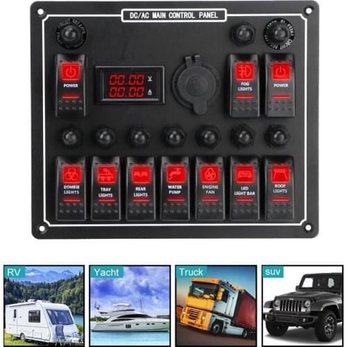 10 Gang Rocker Switch Panel 15A DC Output Overload Protection Car Auto Marine LED AC/DC Dual Power Control Waterproof