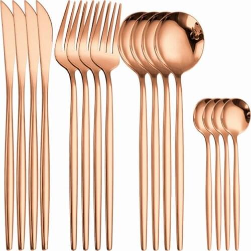 16PCS Rose Gold Cutlery Set Fork Tea Spoon Knife Kitchen 18/10 Stainless Steel Tableware Set Dinnerware Dinner Set Holiday Gift