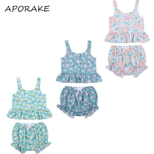 2021 0-4Y Kids Baby Girl Sweet Clothing Daisy Floral Print Ruffle Sleeveless Crop Top Vest+Shorts Summer Outfits Set