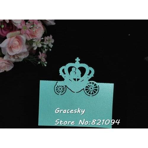 50Pcs free shipping laser cut Bride&Groom in carriage Wedding Party Seat Name table holder Invitation RSVP Cards party supplies