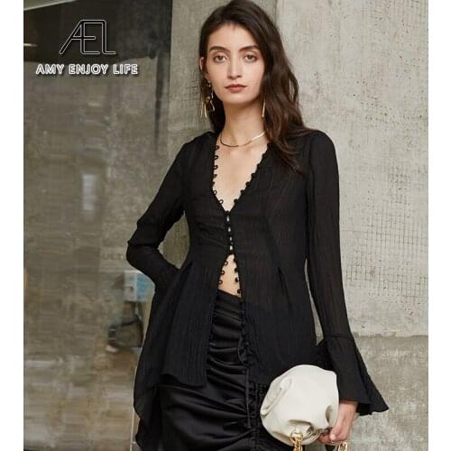 AEL Black Slim sexy V neck Blouse Office Ladies casual Top Women Long Sleeve Shirt Single breasted Irregular tops