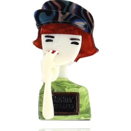 New Punk Cool Brown Hair Lady Acrylic Brooch For Women Letters Green Clothes Lapel Pins Brooches Badges Jewelry Party Dress Gift