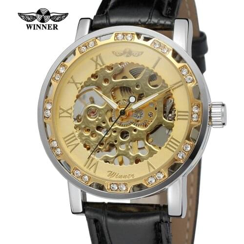 Fashion Winner Top Brand Black Golden Retro Luminous Hands Diamond Display Mens Mechanical Skeleton Wrist Watches Luxury Clocks