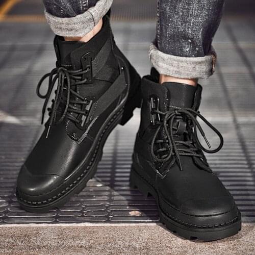 Black high-top leather Martin boots mens tooling boots winter plus cashmere tide wild Korean boots tide shoes snow boots