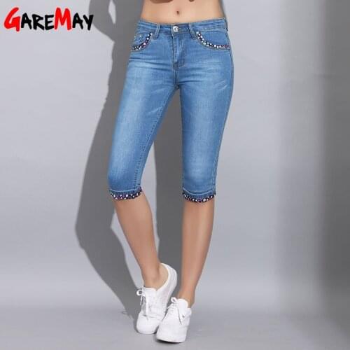 Garemay Skinny Capris Jeans Woman Summer 2020 Blue Denim Knee Length Womens Polka Dot Pants Jeans Capri for Women Jean Femme