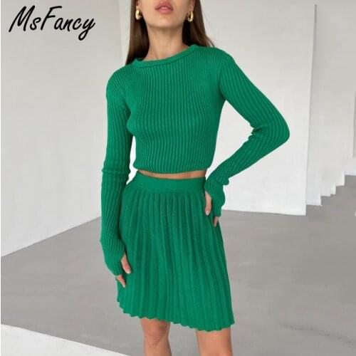 Msfancy Knitted Skirt Sets Women Green Long Sleeve Slim Crop Pullover Pleated Mini Skirt 2021 Fall Mujer 2 Piece Sets