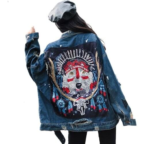 Autumn Streetwear Women Sequins Denim Jacket Loose Coat Wolf dog head Pattern Patch Designs Hole Vintage Outerwear