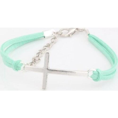 Hot ! 30 pcs New men and women fashions Light Green Velvet with Zinc Alloy Cross Charm Adjustable String Bracelet