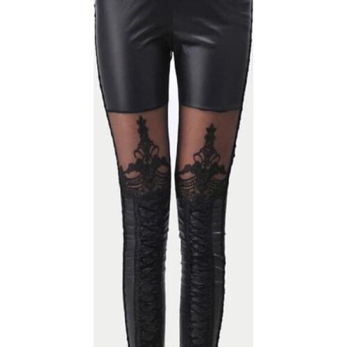 Fashion Women Lace-up Sexy Black Faux PU Leather Lace Pants Leggings Fashion Women Clothing High Quality Gifts