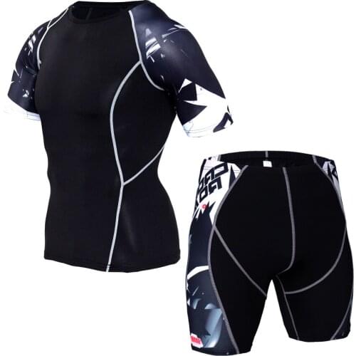 Men Sportswear MMA Running Suit Compression Shirt Shorts Set Jogging Sport Clothes Gym Fitness Wear Training Tracksuit Clothing