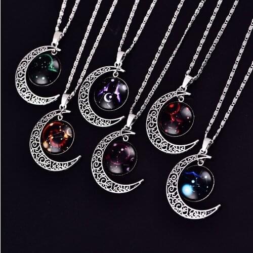 New 12 Constellation Zodiac Moon Pendants Necklaces for Women Vintage Silver Color Chain Pisces Leo Cancer Necklace Jewelry