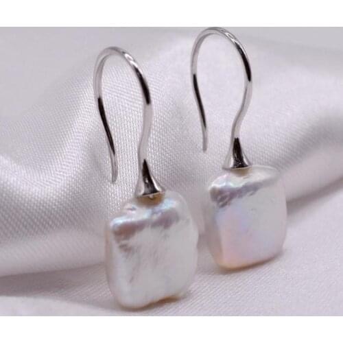 New Arrival Fine Jewelry Pearl Earrings Large Square Natural Freshwater Pearl Sterling Silvers Fishhook Style Women Girl Gift