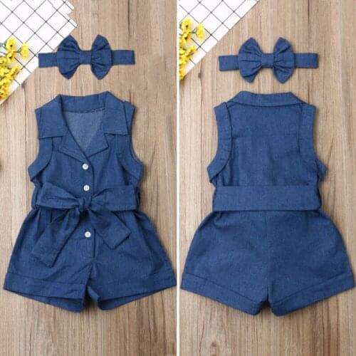 Toddler Kids Baby Girls Clothes Denim Button Bandage Sleeveless Turn-down Collar Romper Bow Solid Headband 2PCS Lovely Outfits