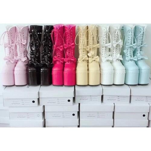 Sexy Women Winter Knee-High 13cm High Platform Party Lace-Up princess Lolita Boots Side Zip Bowknot PU Leather Lolita Boots Warm