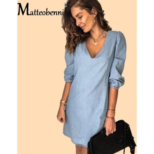 New Women Dress Fashion Sexy V-Neck Denim Dress Loose Jeans Casual Breathable Women Elegant Denim 2020 Autumn Female Mini Dress