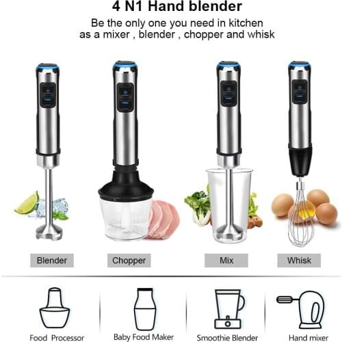 4 in 1 High Power 1200W Immersion Hand Stick Blender Mixer Includes Chopper and Smoothie Cup Stainless Steel Ice Blades