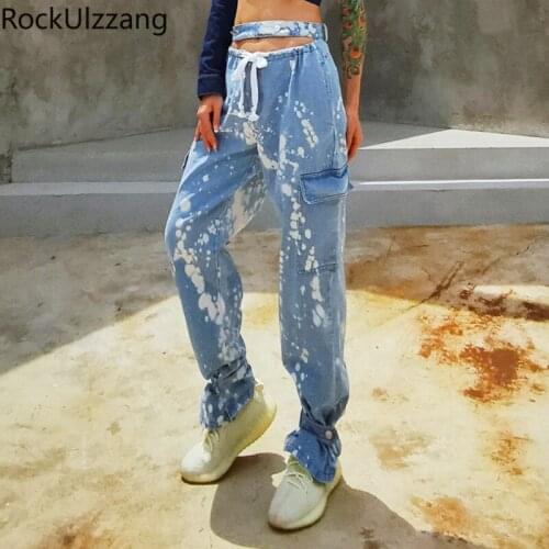 Hollow Waist Band Drawstring Tie Dye Cargo Side Pocket Jogger Denim Pant Fashion Streetwear Women Tracksuit Jeans Boyfriend 2021