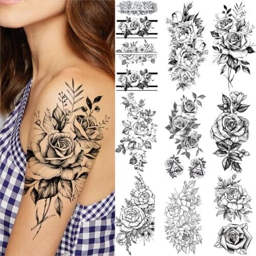 Sexy Realistic Flower Temporary Tattoos Sticker Waterproof Adult Fake Tattoo Black Rose Bloosom Body Art Tatoo For Women Girls