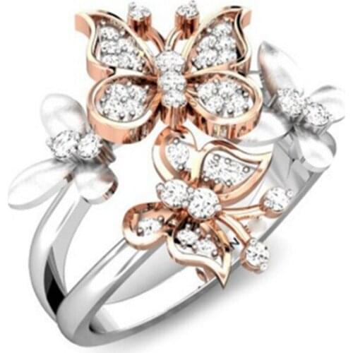 Silver Plated 2 Colors Butterfly Shape Finger Ring with Cubic Zirconia for Elegant Women Jewelry