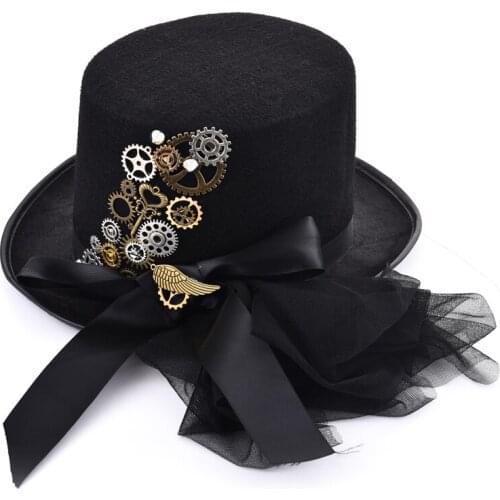 Gothic Victorian Retro Black Top Hat for Men/Women Gears Wing Key Hats With Veils Spikes Bowknot Steampunk Hats Accessories