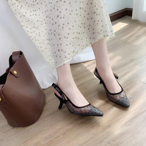 Scarpin bow pumps mesh high heels black sandals 2021 sweet pointed toe 3 inch women slingback quality designer shoes polka dot42