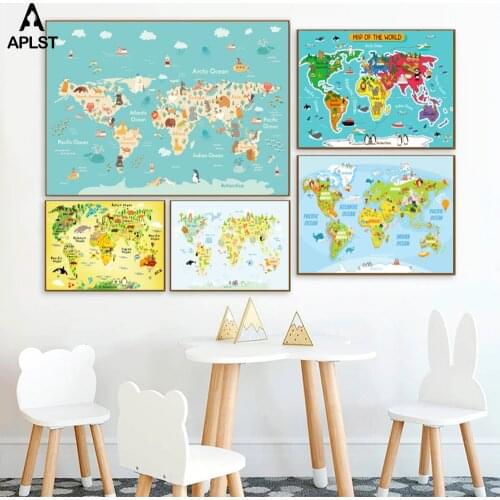 Animal Species Distribution World Map Kids Nursery Poster Children Geography Education Prints Painting Baby Bedroom Wall Picture
