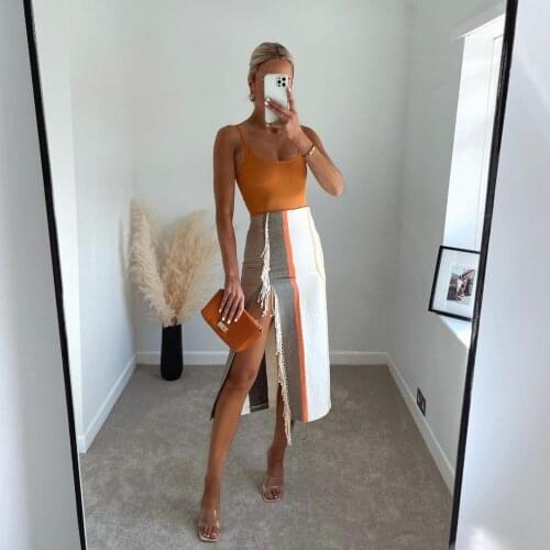 JUNWU Spring Autumn Womens Multi-Color Vertical Stripes High Waist Fringe Design Skirt Split Zipper Cotton Skirt British Style