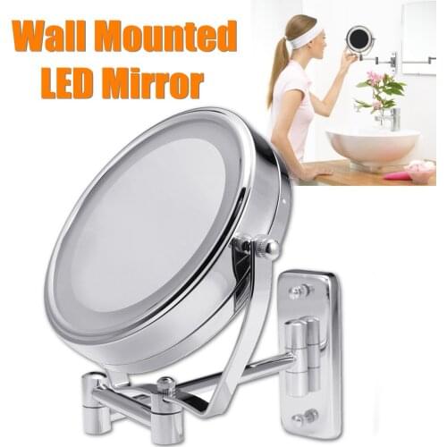 6" Diameter Bathroom Shaving Makeup Mirror With LED Lights Wall Mount Two Sides Extendable Rotate Cosmetic Mirror Magnifying 7X