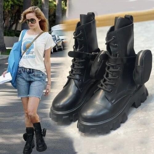 Fashion Women Ankle Boots Winter Lace Up Anti-Slip PU Leather Boots Chunky Sole Pouch Pocket Boots Warm Platform Shoes Plus Size
