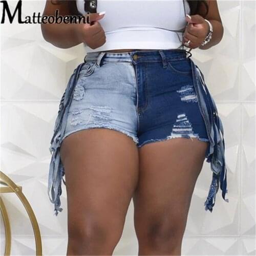 2021 Summer Woman Plus Size Street Denim Shorts Fashion High Waist Tassel Ripped Color Contrast Casual Sexy Female Jeans Shorts