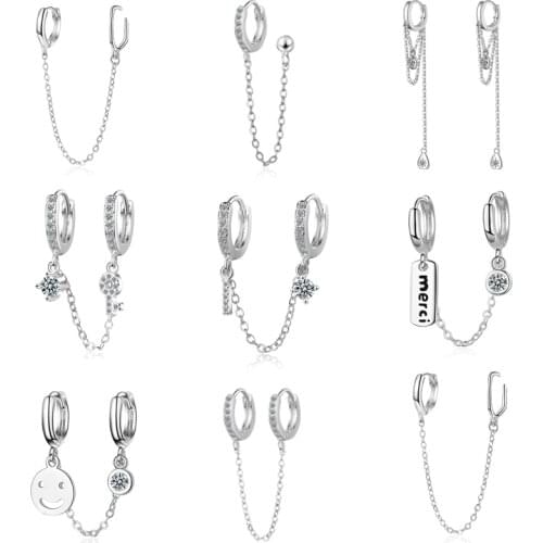 Two Ear Hole Link Chain Circle Ear Cuff Earrings For Women Gold Silver Color Huggie Double Piercing Hoop Earing Female Brincos