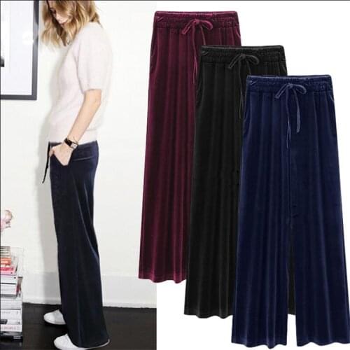 Plus size women loose causl elastic waist warm velvet pant,fashion brand Winter wide leg velvet trousers black green red