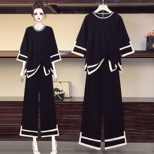 Plus Size Pullover O-Neck Tracksuit Women Suit Korean Black Sportswear + Casual Pants Two Piece Set 2021 Summer Wide Leg Pants