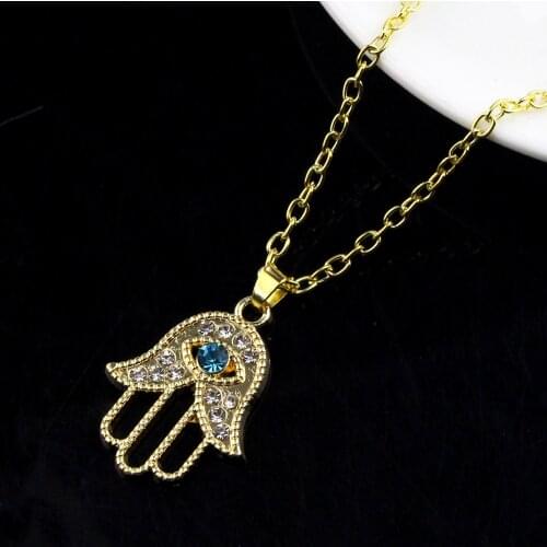 1PC Turkish Crystal Evil Eye Hand Hamsa Pendant Necklace Womens Color Jewelry Hollow Out Clavicle Link Chains