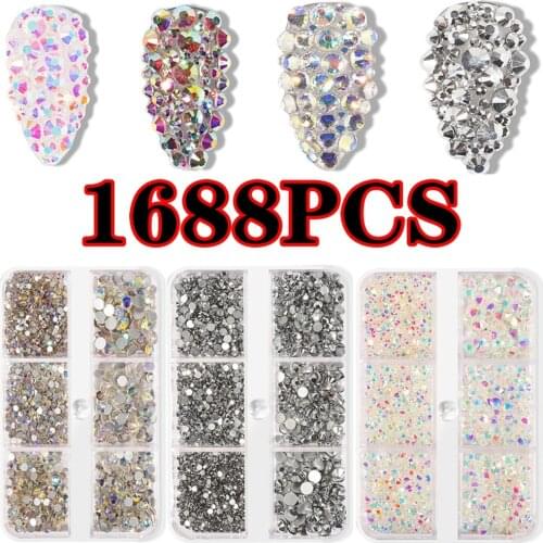 1 Box AB Crystal Flat Back Clear Gold Silver Nail Rhinestone 3D Flat Bottom Mixed Size Dazzling Diamonds Nail Art Decoration