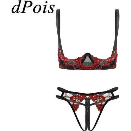 2Pcs Women Embroidery Floral Lace Lingerie Set Bare Exposed Breasts Underwire Bra Top with Sexy Crotchless G-string Thong Briefs