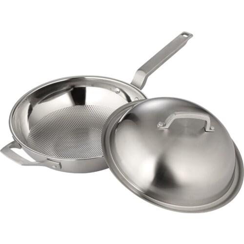 32cm Cookware Wok Non-stick Cooker #304 Stainless Steel Frying Pan Uncoated Cooking Pot Frying Wok Pan Kitchen Pot
