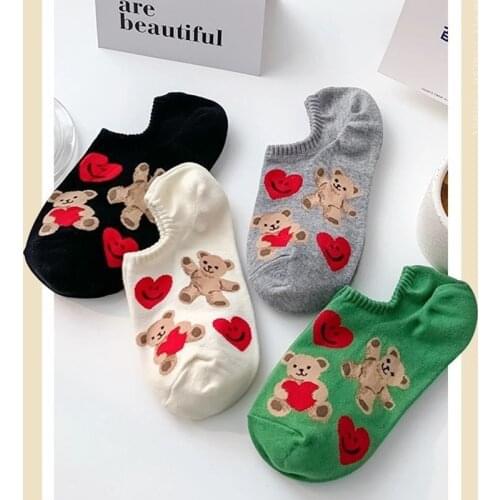4 Pairs fashion cartoon animal bear pattern 5 star socks womens playful fun socks womens casual cotton ankle socks for girls