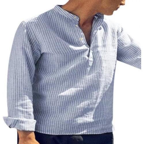 50% Hot Sales!!!Men Shirt Striped Stand Collar Soft Long Sleeve Buttons Blouse for Dating