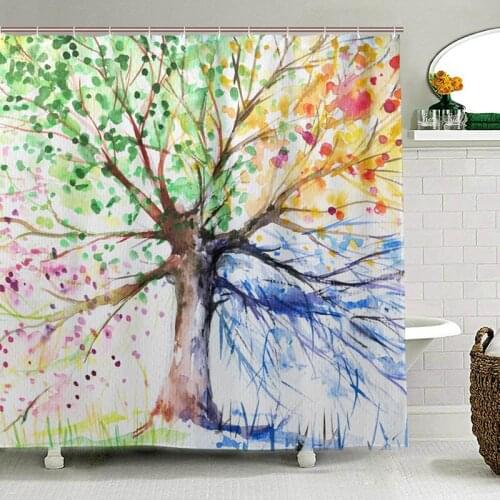 Abstract Tree Four Seasons Shower Curtain Waterproof Fabric Toilet Curtain Art Print Bathroom Curtains for Bath with 12 Hooks