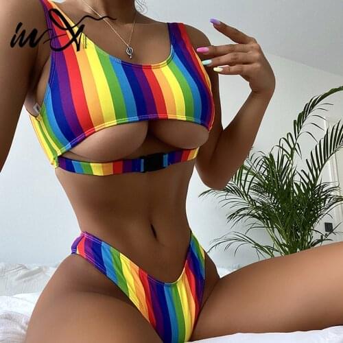 In-X Stripe bikini 2021 High cut swimsuit womens swimming suit Bandeau swimwear female Buckle bathing suit Sexy 2 pieces set
